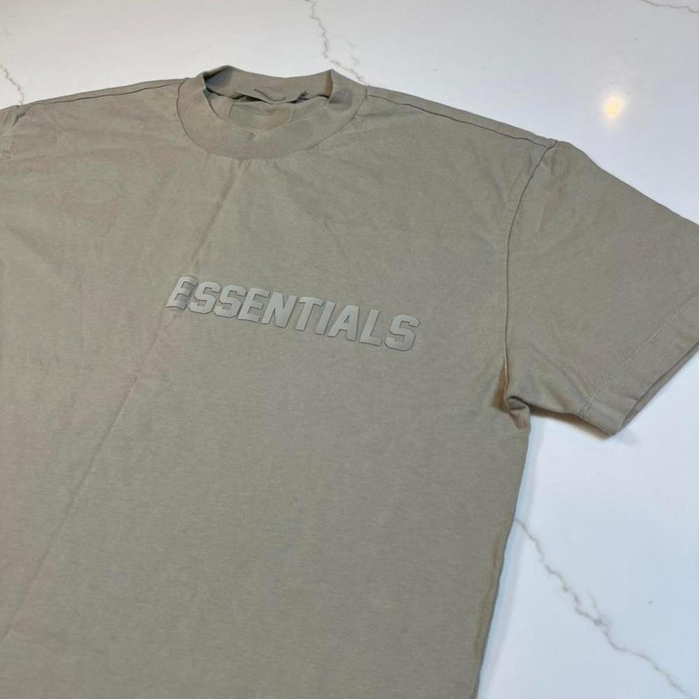 Fear of God FOG Essentials 3D Silicone Logo T-Shirt Tan Khaki Mens Size M